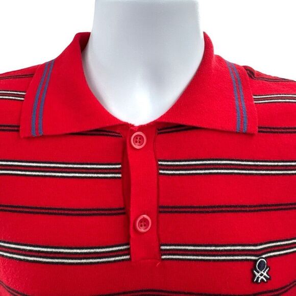 Benetton Red Striped Polo Shirt Men’s Small Italy Knit Retro Y2K Preppy - Picture 2 of 8